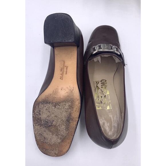Salvatore Ferragamo Womens Brown Chunky Block DQ 66986 Sz 4 Silver Accent Heels - Picture 2 of 10